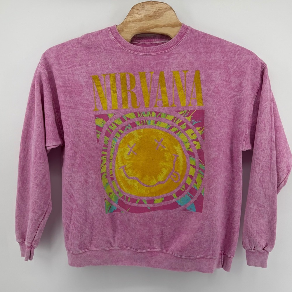 Nirvana Smiley Face Acid Wash Pink band Graphic Sweatshirt Women's X-Large